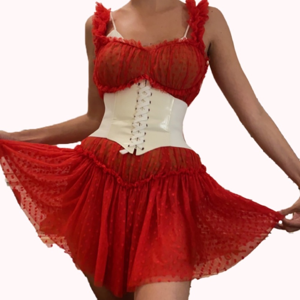 Red ruffle bodysuit dress / romper